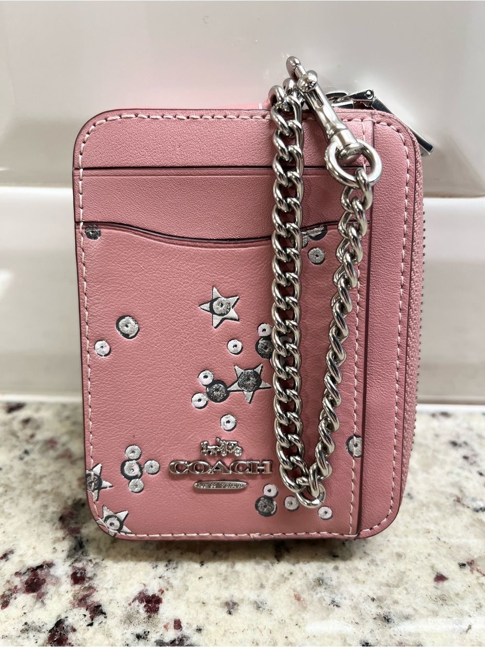 Coach Pink Star Leather Design Zippered Card Holder with Strap EUC